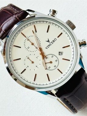 Vincero Chrono S2 40mm Men's Sapphire Chronograph Watch Silver Brown Leather